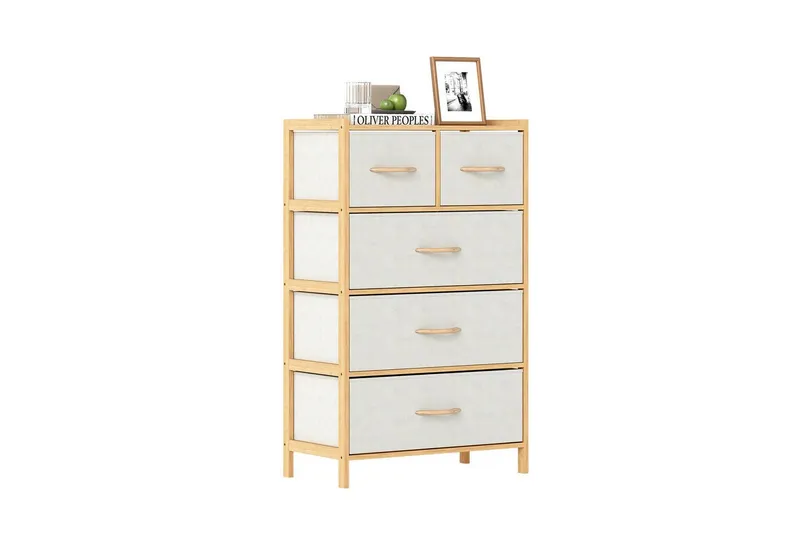 KOMFOTTEU Kommode, 5-Schubladen Bambus-Schubladenschrank Aufbewahrungsturm, Beige, – Produktbild 1 von 5