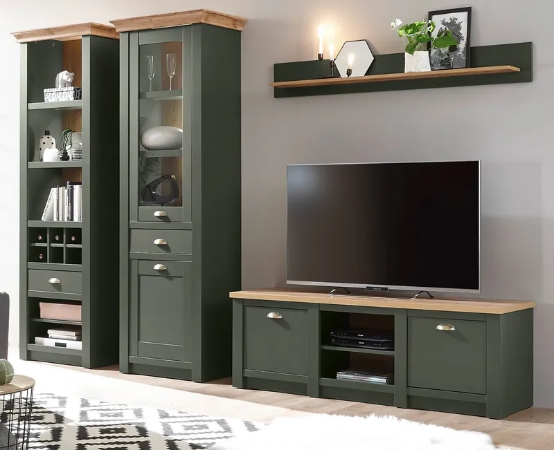 Furn.Design Wohnwand Norwich, (Wohnkombination 4-teilig, dunkelgrün mit Wotan Eiche, 308 x 207 cm), Landhausstil – Produktbild 3 von 5