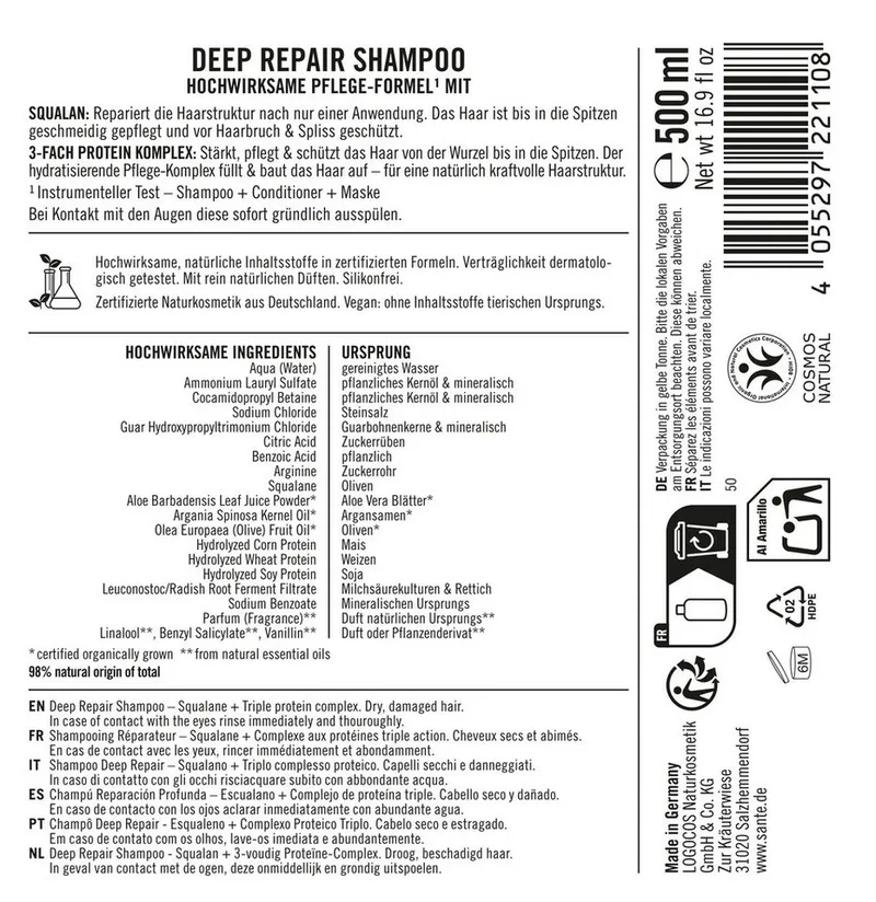 Sante Sante Haarshampoo Deep Repair Shampoo Squalan, Haarshampoo, mit Squalan, für strapaziertes Haar – Produktbild 1 von 2