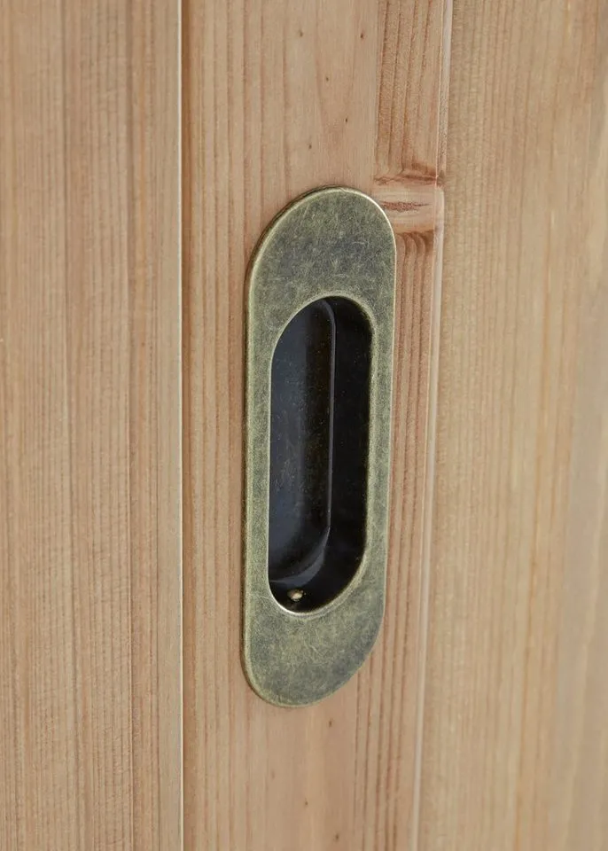OTTO home Schiebetürenschrank Konrad, Landhausstil, rustikal, mit Schubladen + Spiegel, Kassetten (B/H/T ca. 202 cm x 207 cm x 64 cm) massive Kiefer, FSC®-zertifiziert, Messinggriffe, Beige, – Produktbild 4 von 5