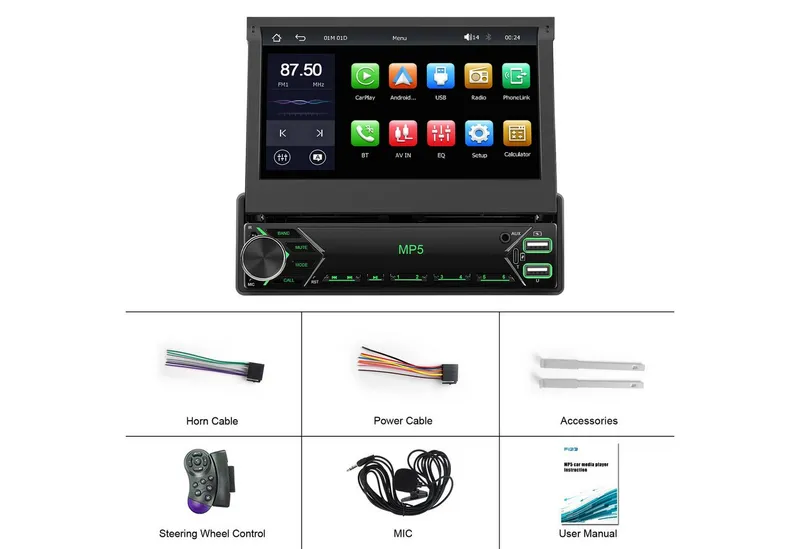 KAFMTOH 1DIN Autoradio 7 Zoll Touchscreen zum Klappen, CarPlay, BT, RDS Autoradio (FM), Schwarz, – Produktbild 3 von 5