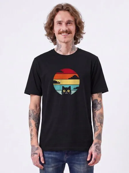 watapparel watapparel T-Shirt Unisex Retro Sunset Cat, Black, – Produktbild 2 von 2