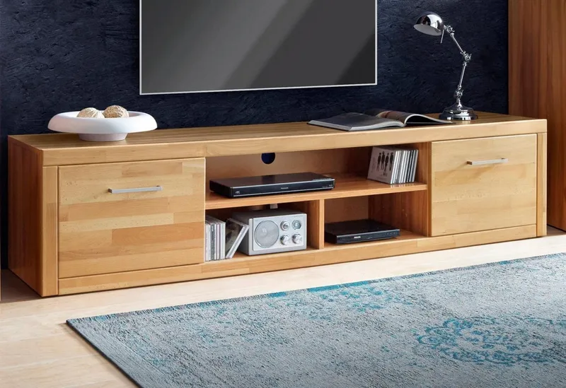 OTTO home Lowboard Logo,200cm breit,42 cm tief, Fronten Massivholz, Kabeldurchführung, Korpus Holzwerkstoff,2 Klappen, 5 Fächer, Metallgriffe, Braun, – Produktbild 1 von 5