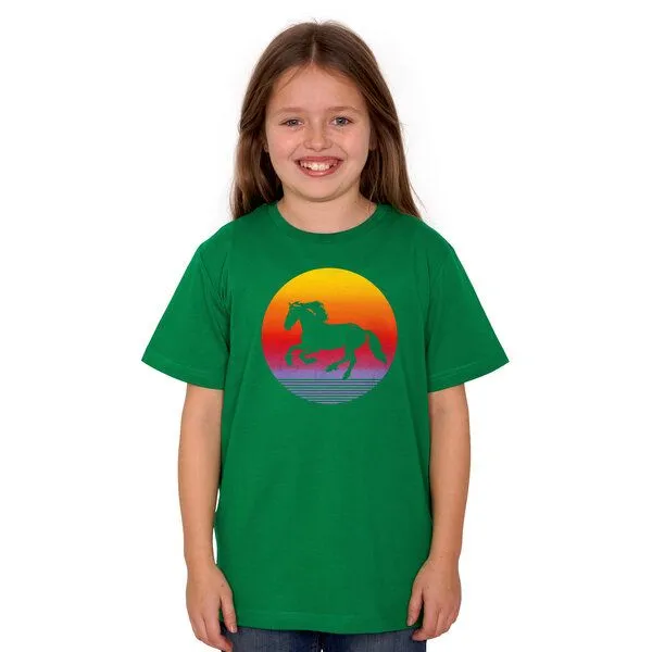 HANDGEDRUCKT HANDGEDRUCKT "Sunsethorse" Unisex Kinder-T-Shirt, Kellygreen, – Produktbild 1 von 3