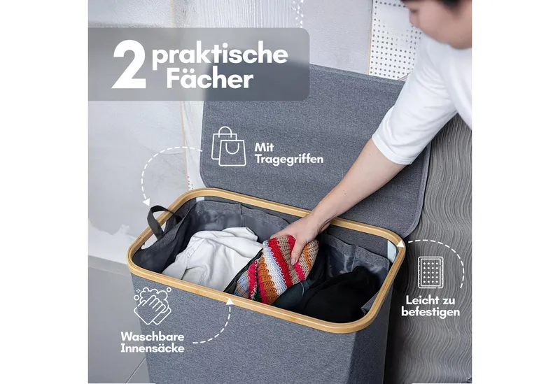 Björn&Schiller Wäschekorb Wäschesammler mit Deckel Oxford-Gewebe, robust und leicht, mit 2 Fächern, 100 L ideal für Badezimmer, Grau, – Produktbild 3 von 5