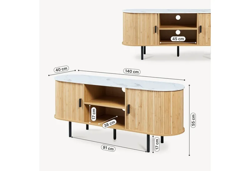 en.casa TV-Schrank »Tvedestrand« mit 2 Türen 140 x 40 x 55 cm Marmorweiß/Natur, Weiß, – Produktbild 4 von 4