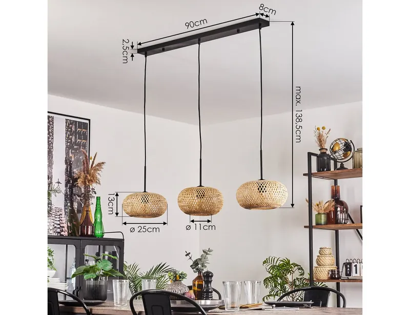 hofstein Hängeleuchte moderne Pendellampe aus Metall/Bambus in Schwarz/Natur, ohne Leuchtmittel, Gitterschirm Leuchte (25cm), Lichteffekt, 3 x E27, ohne Leuchtmittel, Beige|schwarz, – Produktbild 4 von 5