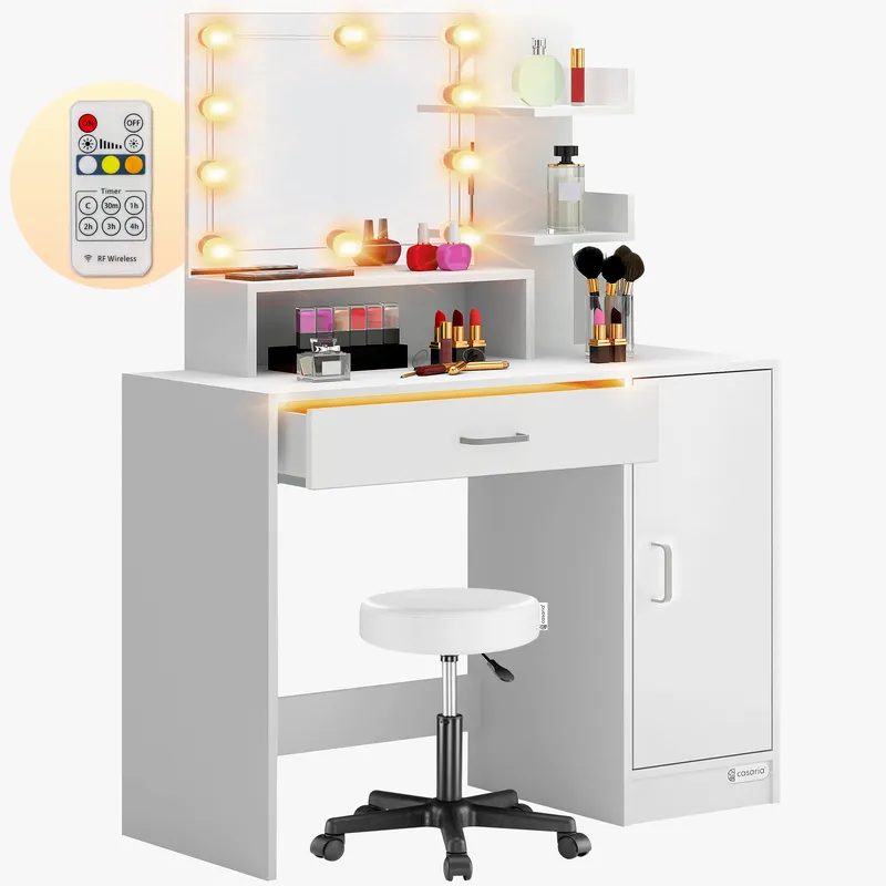 Casaria® Schminktisch Jocelyn Weiß 140x90x40cm LED + Rollhocker – Produktbild 2 von 2