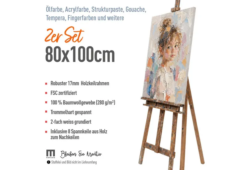 M MERCEO Leinwand Künstlerleinwand 80x100cm 2er Set - Weiße Leinwand zum Bemalen, 2er-Set Leinwand 80x100cm (zum Bemalen, Baumwolle, Weiß, – Produktbild 2 von 5