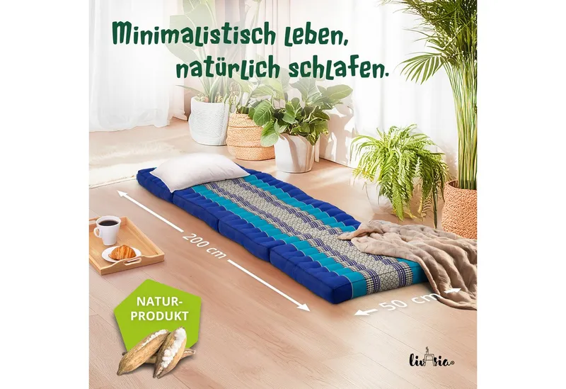 Klappmatratze 50 cm breit (Classic) - 200x50x8cm - Faltmatratze, livasia, 8 cm hoch, Kapok, vegan, handgefertigt, Blau, – Produktbild 2 von 5