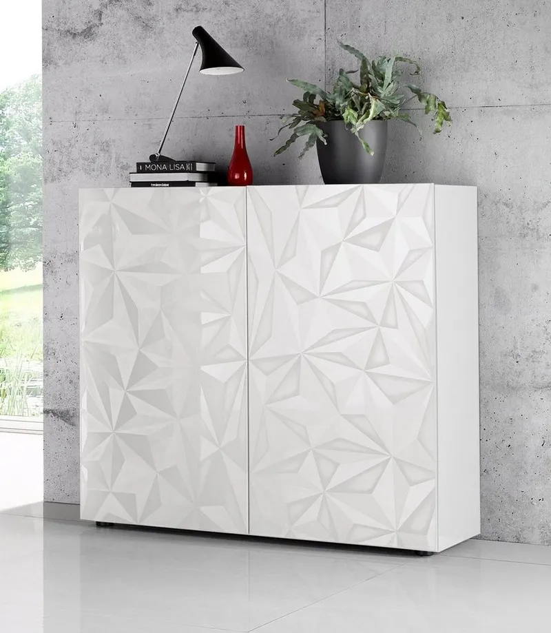 Home affaire Highboard Prisma Höhe 111 cm, Breite 121 cm, Kommode 2 Türen, Hochkommode, Front mit elegantem Siebdruck, grifflos, viel Stauraum, Weiß, – Produktbild 2 von 5