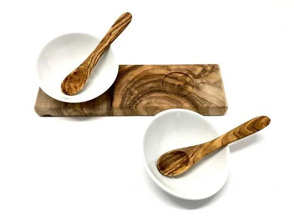 Olivenholz erleben Olivenholz erleben Dipschalenset DESIGN Porzellan schräg inkl. 2 Löffel aus Olivenholz – Produktbild 3 von 3