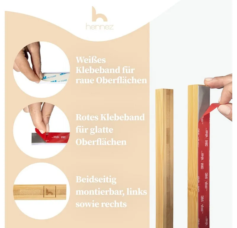 HENNEZ Handtuchhalter Handtuchstange ohne Bohren - Handtuchhalter Wand, Handtuchhalter Bad aus Bambus, Braun, – Produktbild 3 von 5