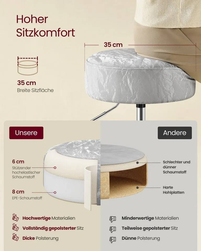 VASAGLE Barhocker Schminkhocker Schminkstuhl höhenverstellbar, 1/2er Set (1 St), für Schlafzimmer, Küche, 360° drehbar, dicke Polsterung, Grau, – Produktbild 4 von 5