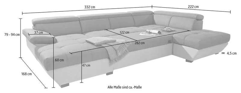 COTTA Wohnlandschaft Speedway U-Form, mit Kopfteilverstellung, wahlweise mit Schlaffunktion & Bettkasten, Schwarz, – Produktbild 5 von 5