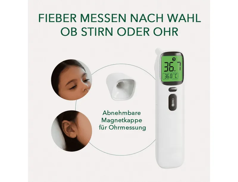 IEA Green Infrarot-Fieberthermometer AOJ-20A kontaktlos, Bundle mit Schutztasche, 2-tlg., Set inkl. Tasche, für Babys/Kinder/Erwachsene, Stirn & Ohr, Farbwarnsystem, Schwarz, – Produktbild 4 von 5