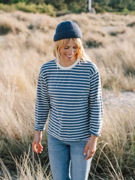 FUXBAU FUXBAU Frauen Streifen Longsleeve - creme grün, bordeaux, blau oder senf, Blue, – Produktbild 4 von 8