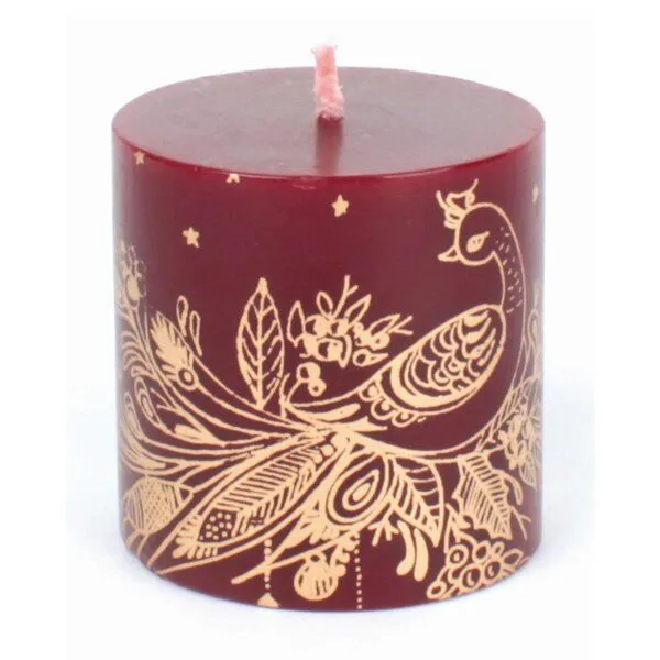 El Puente El Puente Stumpenkerze "Pfau" | Fair Trade & Handmade aus Indien, Gold,rot, – Produktbild 1 von 1