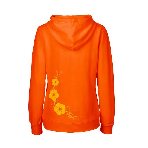 HANDGEDRUCKT HANDGEDRUCKT "Hibisken" Frauen Zip-HOODY aus reiner Biobaumwolle (kbA), Orange, – Produktbild 2 von 3