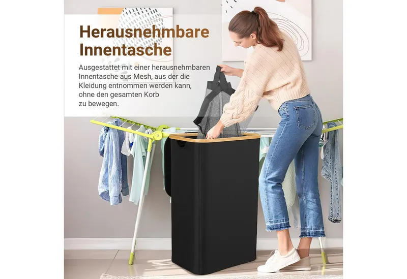 Clanmacy Wäschekorb Wäschekorb mit Deckel, herausnehmbarer Wäschesack, Wäschesortiererl, Schwarz, – Produktbild 4 von 5