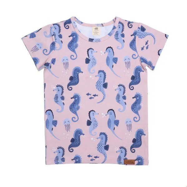 Walkiddy Baby T-Shirt GOTS zertifiziert – 95% Bio-Baumwolle, Rosa mit Seepferdchen-Print, 5% Elasthan, weich | Walkiddy – Produktbild 1 von 2