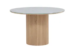 Venture Home Esstisch Härön, runder Esstisch Ø 120 cm mit Glasplatte und Holzfuß, FSC, Esszimmertisch, transparente Platte, MDF-Mittelfuß, gerippt, hell – Produktbild 1 von 1