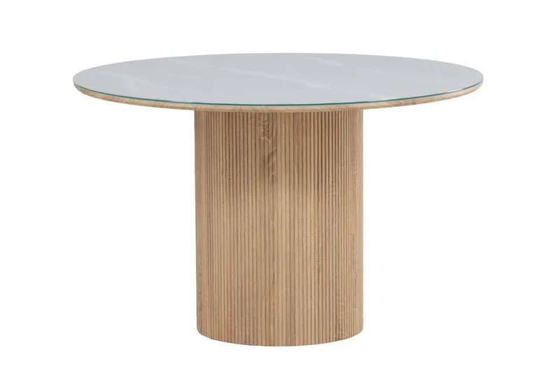 Venture Home Esstisch Härön, runder Esstisch Ø 120 cm mit Glasplatte und Holzfuß, FSC, Esszimmertisch, transparente Platte, MDF-Mittelfuß, gerippt, hell, Weiß, – Produktbild 1 von 5