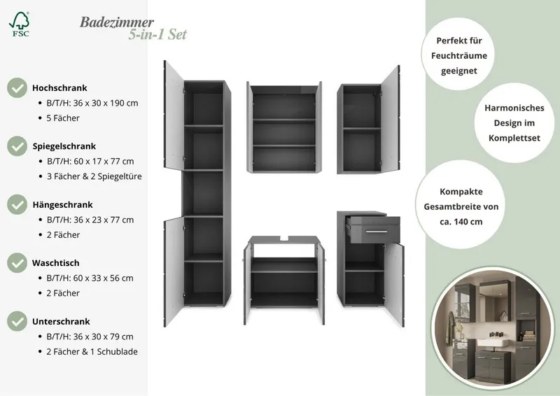 OTTO home Badmöbel-Set Föhr, (Set, 5-St), mit eleganten Hochglanzfronten, FSC® zertifiziert, Grau, – Produktbild 4 von 5
