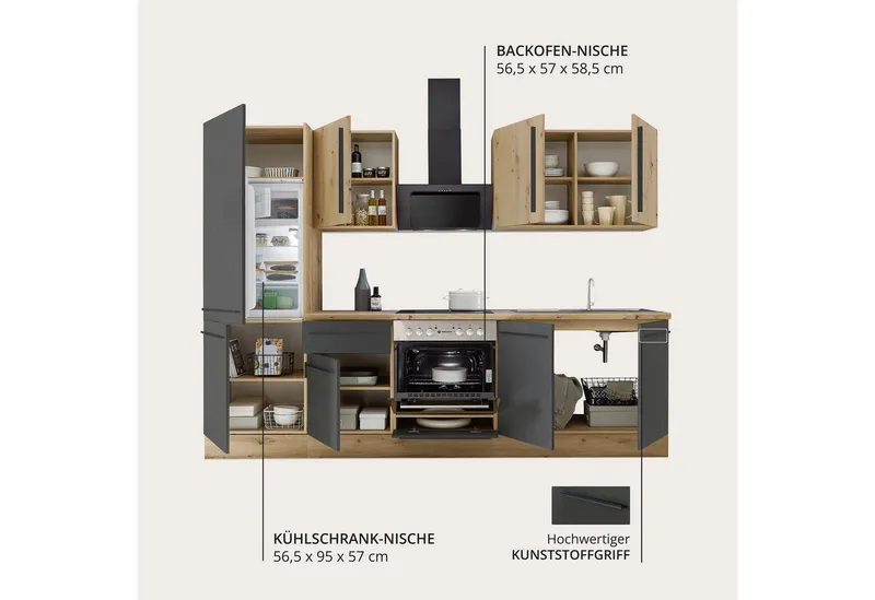 KOCHSTATION Küchenzeile KS-Florida mit 38mm starker Arbeitsplatte, Breite 270 cm, wahlweise mit E-Geräten, Soft-Close-Funktion, Schwarz, – Produktbild 4 von 5