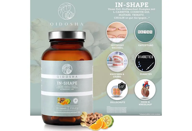 QIDOSHA IN-SHAPE Fettstoffwechsel- und Mitochondrien-Komplex Kapseln, 120 St., 81 g, Mit Cholin, L-Carnitin und Coenzym Q10 – Produktbild 4 von 5
