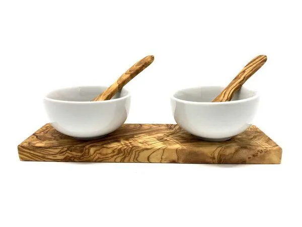 Olivenholz erleben Olivenholz erleben Dipschalenset KLASSIK Porzellan rund inkl. 2 Löffel aus Olivenholz – Produktbild 2 von 4