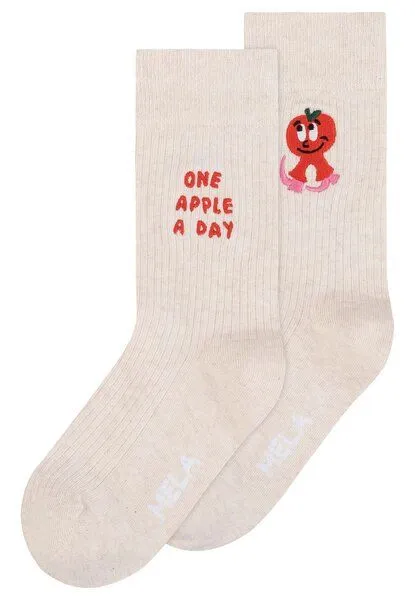 MELA Gerippte Socken Artist Edition 2 Paare | von MELA | Fairtrade & GOTS zertifiziert, Crean melange / one apple a day, – Produktbild 1 von 2