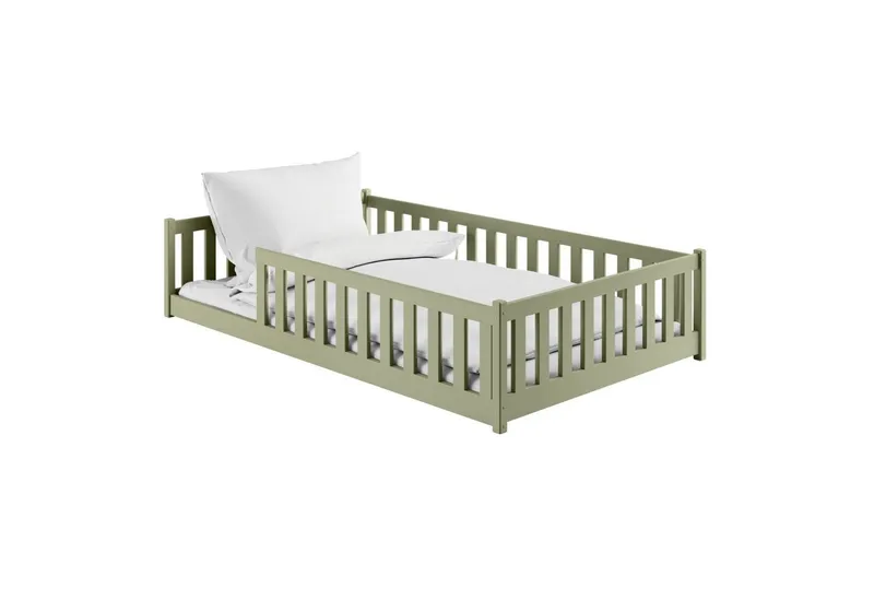 Kids Collective Kinderbett Bodenbett Bett mit Rausfallschutz & Lattenrost Montessori Bett Kinder (Jungen, Mädchen, Kinder, weitere Größen 80x160, 80x180, 90x190, 90x200, 140x200 cm), Jugendbett Gitterbett Einzelbett, Olivgrün Kiefer 120x200 cm, Grün, – Produktbild 3 von 5