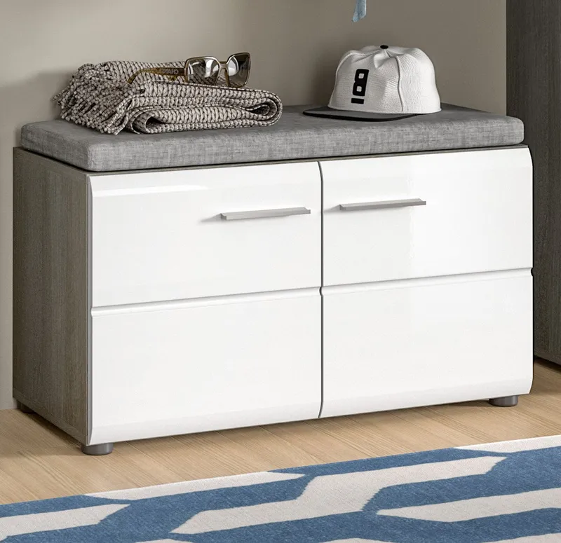 Inn.Furn Schuhbank Rumba (Garderobenbank in Weiß Hochglanz und Grau, 2-türig, 80 x 44 cm), mit 4 Fächern, Weiß, – Produktbild 4 von 5
