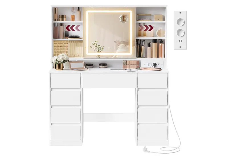 VASAGLE Schminktisch Hocker Steckdosenleiste (1 Tisch mit 1 Hocker), 10x Vergrößerungsspiegel, 3 Lichtfarben, werkzeuglose Gleitschienen, Rosa, – Produktbild 2 von 5