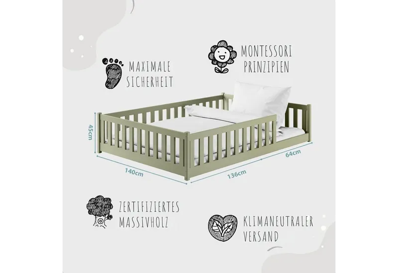Kids Collective Kinderbett Bodenbett Bett mit Rausfallschutz & Lattenrost Montessori Bett Kinder (Jungen, Mädchen, Kinder, weitere Größen 80x160, 80x180, 90x190, 90x200, 120x200 cm), Jugendbett Gitterbett Einzelbett mit Matratze, Olivgrün 140x200 cm, Grün, – Produktbild 5 von 5