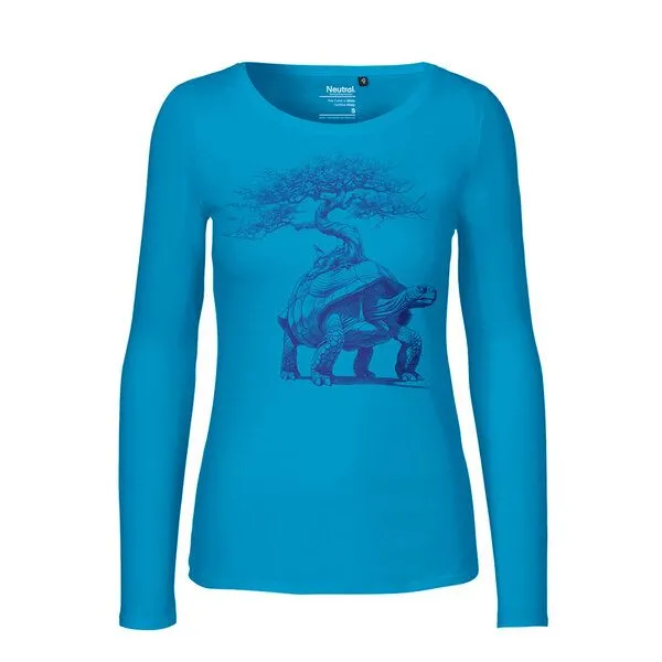 HANDGEDRUCKT HANDGEDRUCKT "Lange Reise" Frauen Longsleeve aus reiner Biobaumwolle (kbA), Saphire, – Produktbild 1 von 3
