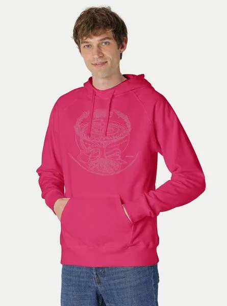 Peaces.bio - handbedruckte Biomode Peaces.bio - handbedruckte Biomode Bio-Herren-Kapuzensweater "Weltenesche", Pink, – Produktbild 1 von 2