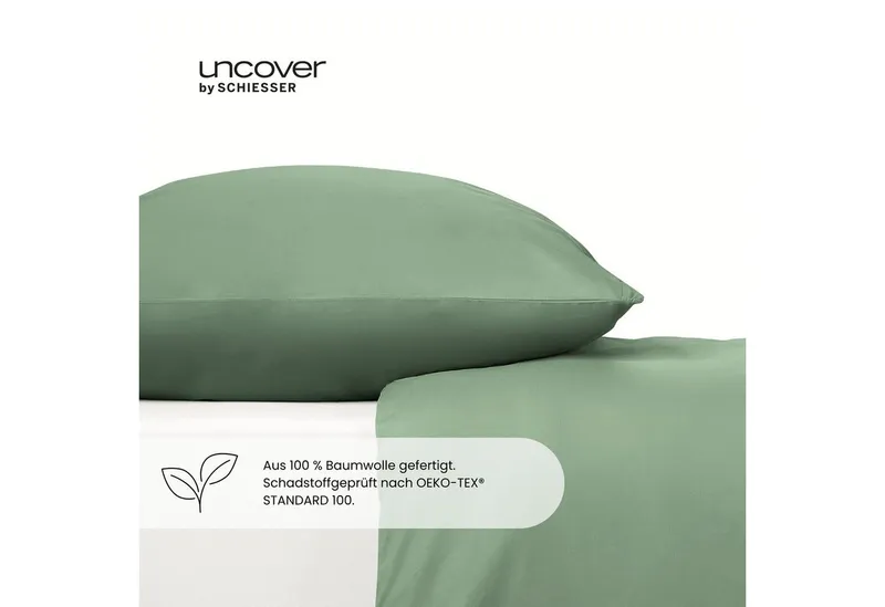 uncover by SCHIESSER Bettwäsche Soho aus weicher Baumwolle in gedeckten Uni-Farben, Renforcé, 2 teilig, OEKO-TEX® MADE IN GREEN, Grün, – Produktbild 3 von 5