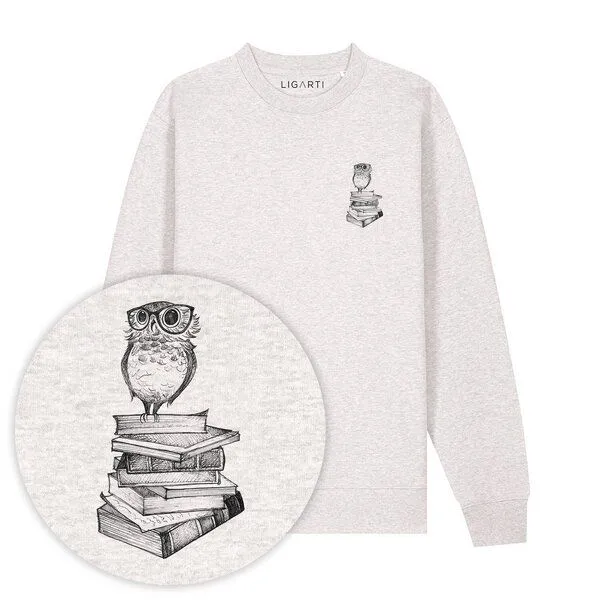LIGARTI Pullover – Büchereule – LIGARTI Tiermanufaktur, Hellgrau, – Produktbild 1 von 2