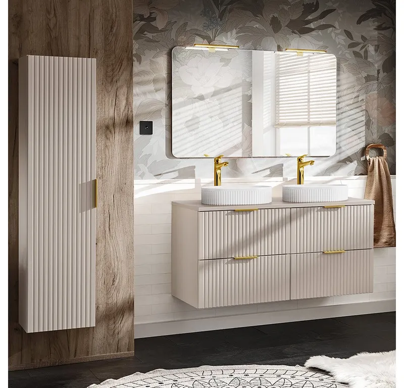 Lomadox Badmöbel-Set ADELAIDE-56-CASHMERE, (Spar-Set, 3-St., Hochschrank Doppelwaschtisch Spiegel Waschbecken Beleuchtung), 120cm Waschtisch mit Aufsatzwaschbecken, Beige|weiß, – Produktbild 1 von 5