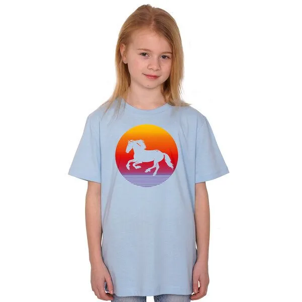 HANDGEDRUCKT HANDGEDRUCKT "Sunsethorse" Unisex Kinder-T-Shirt, Lightblue, – Produktbild 1 von 3