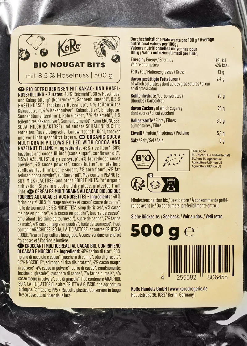 KoRo Bio Nougat Bits mit 8,5 % Haselnuss 500 g – Produktbild 3 von 5