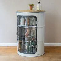 Lockengelöt Lockengelöt Hausbar Vitrine aus einem Hamburger Ölfass, Cremeweissschwarz (gepulvert), – Produktbild 2 von 5