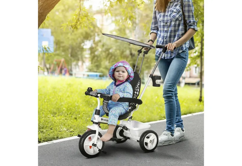 HOMCOM HOMCOM 6-in-1 Dreirad mit Schubstange, Kinderdreirad mit Sonnendach, Korb, Weiß, – Produktbild 3 von 6