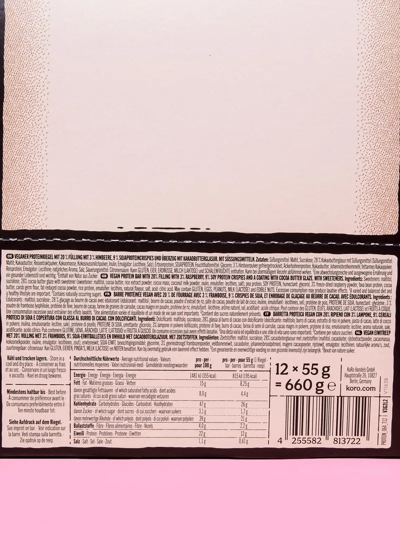 KoRo Vegan Protein Bar Deluxe Raspberry Choc | 12 x 55 g – Produktbild 5 von 5