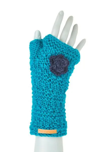 short'n'pietz short'n'pietz Schurwollhandstulpen mit Blumenmotiv, handgestrickt, Türkis, – Produktbild 1 von 1