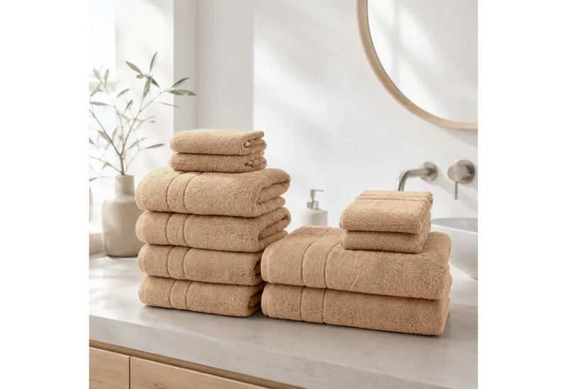 OTTO home Handtuch Set Inga, 3 Qualitäten, Duschtücher, Handtücher, Gästetücher, Seiftücher, Walkfrottier (10-St), Handtücher mit feiner Bordüre, 100% Baumwolle, Beige, – Produktbild 3 von 8