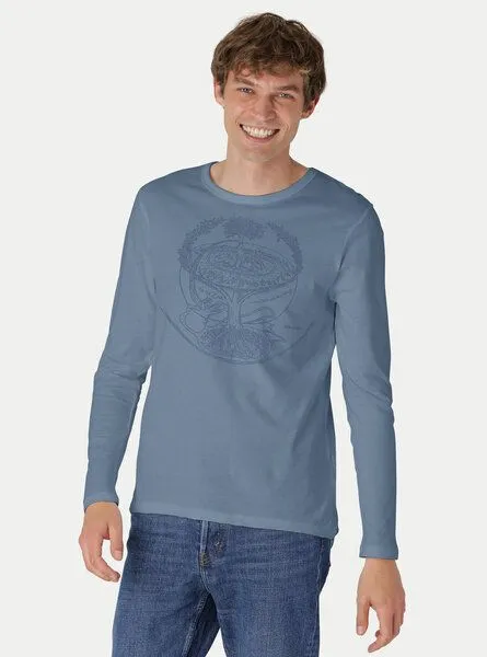 Peaces.bio - handbedruckte Biomode Peaces.bio - handbedruckte Biomode Bio-Herren-Langarmshirt "Weltenesche", Blaugrau, – Produktbild 2 von 3