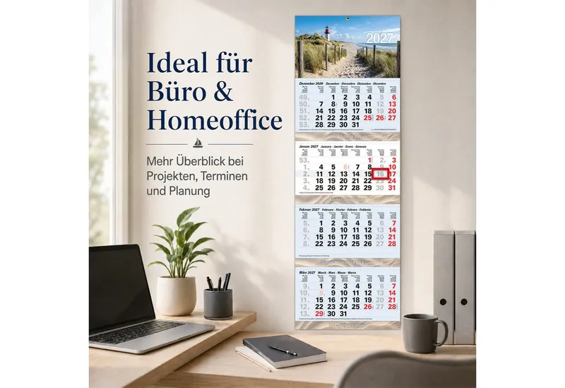 TOBJA Wandkalender 4 Monatskalender 2027 Nordsee Leuchtturm Strand 32x95,5 maritim FSC, Leuchtturm-Motiv, maritim, 32x95,5 cm, Datumsschieber, Metallöse, Grün, – Produktbild 4 von 5